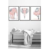 ARTZE Geometric Pink Grey Elephant Set Framed Wall Art - Medium in Black | Size: W45 cm x H62 cm x D20mm