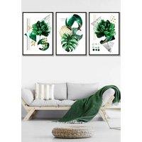 ARTZE Abstract Green Gold Botanical Framed Wall Art - Large in Black | Size: W53 cm x H73 cm x D20mm