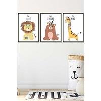 ARTZE Nursery Tribal Lion, Bear, Giraffe Quote Prints Framed Wall Art - Medium in Black | Size: W45 cm x H62 cm x D20mm