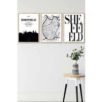 ARTZE SHEFFIELD Skyline Street Map City Prints Framed Wall Art - Medium in Light Oak | Size: W45 cm x H62 cm x D20mm