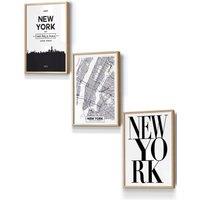 ARTZE NEW YORK Skyline Street Map City Prints Framed Wall Art - Small in Light Oak | Size: W33 cm x H45 cm x D20mm