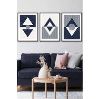 ARTZE Set of 3 Black Framed Mid Century Geometric Navy Blue Diamonds Wall Art | Size: W33 cm x H45 cm x D20mm