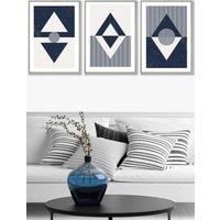 ARTZE Set of 3 Light Grey Framed Mid Century Geometric Navy Blue Diamonds Wall Art | Size: W53 cm x H73 cm x D20mm