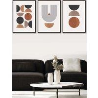 ARTZE Set of 3 Black Framed Mid Century Geometric in Black & Brown Wall Art in Terracotta | Size: W45 cm x H62 cm x D20mm