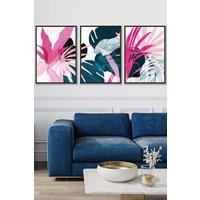 ARTZE Set of 3 Black Framed Abstract Pink & Blue Tropical Triptych Wall Art | Size: W45 cm x H62 cm x D20mm