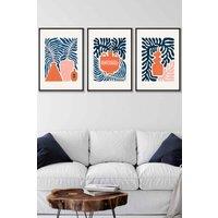 ARTZE Set of 3 Black Framed Pink & Navy Blue Boho Graphical Botanical Wall Art | Size: W33 cm x H45 cm x D20mm