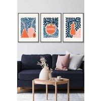 ARTZE Set of 3 Dark Grey Framed Pink & Navy Blue Boho Graphical Botanical Wall Art | Size: W45 cm x H62 cm x D20mm