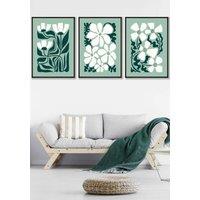 ARTZE Set of 3 Black Framed Green & White Boho Abstract Floral Wall Art | Size: W45 cm x H62 cm x D20mm