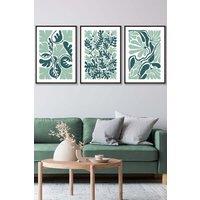 ARTZE Set of 3 Black Framed Boho Abstract Green & White Floral Wall Art | Size: W33 cm x H45 cm x D20mm
