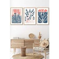 ARTZE Set of 3 Oak Framed Boho Abstract Blue & Pink Floral Wall Art in Navy | Size: W45 cm x H62 cm x D20mm