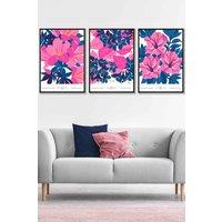 ARTZE Set of 3 Black Framed Navy Blue & Pink Flower Market Bouquets Wall Art | Size: W33 cm x H45 cm x D20mm