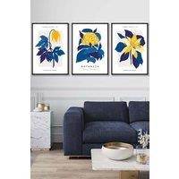 ARTZE Set of 3 Black Framed Navy Blue & Yellow Flower Market Wall Art | Size: W45 cm x H62 cm x D20mm