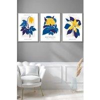 ARTZE Set of 3 Light Grey Framed Navy Blue & Yellow Flower Market Wall Art | Size: W33 cm x H45 cm x D20mm