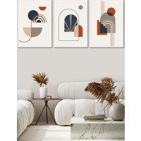 ARTZE Set of 3 White Framed Mid Century Terracotta, Beige & Navy Blue Arches Wall Art in Terracotta | Size: W33 cm x H45 cm x D20mm