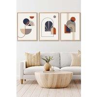 ARTZE Set of 3 Oak Framed Mid Century Terracotta, Beige & Navy Blue Arches Wall Art in Terracotta | Size: W33 cm x H45 cm x D20mm