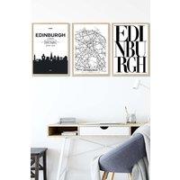 ARTZE EDINBURGH Skyline Street Map City Prints Framed Wall Art - Medium in Light Oak | Size: W45 cm x H62 cm x D20mm
