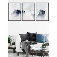 ARTZE Set of 3 Black Framed Abstract Minimal Navy & White Cliffs Wall Art | Size: W33 cm x H45 cm x D20mm