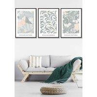 ARTZE Set of 3 Black Framed Sage Green & Peach William Morris Vintage Floral Wall Art in Light Green | Size: W45 cm x H62 cm x D20mm