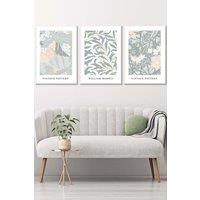 ARTZE Set of 3 White Framed Sage Green & Peach William Morris Vintage Floral Wall Art in Light Green | Size: W33 cm x H45 cm x D20mm