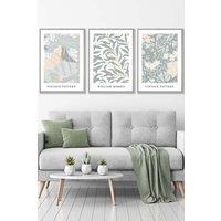 ARTZE Set of 3 Light Grey Framed Sage Green & Peach William Morris Vintage Floral Wall Art in Light Green | Size: W53 cm x H73 cm x D20mm