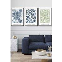ARTZE Set of 3 Black Framed Blue & Green William Morris Vintage Floral Wall Art in Mid Blue | Size: W53 cm x H73 cm x D20mm