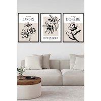 ARTZE Set of 3 Black Framed Minimalist Sketch Leaves Flowers Beige & Black Wall Art | Size: W45 cm x H62 cm x D20mm
