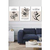 ARTZE Set of 3 White Framed Minimalist Sketch Leaves Flowers Beige & Black Wall Art | Size: W33 cm x H45 cm x D20mm