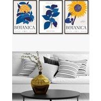 ARTZE Set of 3 Black Framed Bright Blue Flower Market & Yellow Sunflower Wall Art | Size: W45 cm x H62 cm x D20mm