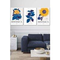 ARTZE Set of 3 White Framed Bright Blue Flower Market & Yellow Sunflower Wall Art | Size: W33 cm x H45 cm x D20mm
