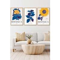 ARTZE Set of 3 Oak Framed Bright Blue Flower Market & Yellow Sunflower Wall Art | Size: W33 cm x H45 cm x D20mm