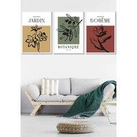 ARTZE Set of 3 White Framed Minimalist Sketch Leaves Flowers Yellow Red Green Wall Art | Size: W45 cm x H62 cm x D20mm