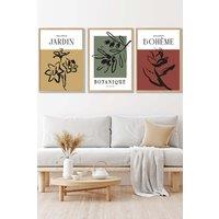 ARTZE Set of 3 Oak Framed Minimalist Sketch Leaves Flowers Yellow Red Green Wall Art | Size: W45 cm x H62 cm x D20mm