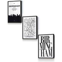 ARTZE BIRMINGHAM Skyline Street Map City Prints Framed Wall Art - Small in Black | Size: W33 cm x H45 cm x D20mm