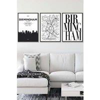 ARTZE BIRMINGHAM Skyline Street Map City Prints Framed Wall Art - Large in Black | Size: W53 cm x H73 cm x D20mm
