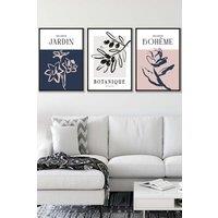 ARTZE Set of 3 Black Framed Minimalist Sketch Leaves Flowers Blush Pink Navy Blue & Grey Wall Art | Size: W45 cm x H62 cm x D20mm