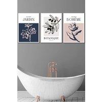 ARTZE Set of 3 White Framed Minimalist Sketch Leaves Flowers Blush Pink Navy Blue & Grey Wall Art | Size: W33 cm x H45 cm x D20mm