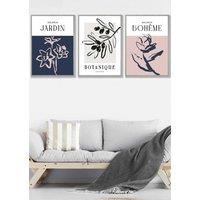 ARTZE Set of 3 Light Grey Framed Minimalist Sketch Leaves Flowers Blush Pink Navy Blue & Grey Wall Art | Size: W45 cm x H62 cm x D20mm