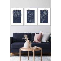 ARTZE Set of 3 White Framed Line Art Sketch Flowers on Navy Blue Wall Art | Size: W33 cm x H45 cm x D20mm
