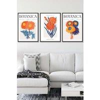 ARTZE Set of 3 Black Framed Bright Orange & Blue Flower Market Wall Art | Size: W53 cm x H73 cm x D20mm