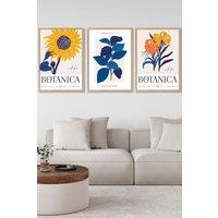 ARTZE Set of 3 Oak Framed Flower Market Sunflower Yellow Blue Wall Art in Bright Yellow | Size: W53 cm x H73 cm x D20mm