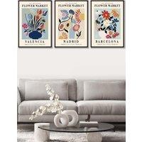 ARTZE Set of 3 Black Framed Flower Market Barcelona Exhibition in Bright Colours Wall Art | Size: W45 cm x H62 cm x D20mm