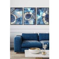 ARTZE Set of 3 Black Framed Abstract Blue & Cream Mixed Media Fractal Wall Art | Size: W45 cm x H62 cm x D20mm
