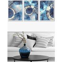 ARTZE Set of 3 White Framed Abstract Blue & Cream Mixed Media Fractal Wall Art | Size: W53 cm x H73 cm x D20mm