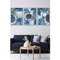 ARTZE Set of 3 Light Grey Framed Abstract Blue & Cream Mixed Media Fractal Wall Art | Size: W53 cm x H73 cm x D20mm