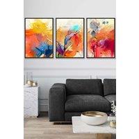 ARTZE Set of 3 Black Framed Abstract Colourful Orange Pink Red Mixed Media Fractal Wall Art | Size: W53 cm x H73 cm x D20mm