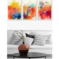 ARTZE Set of 3 White Framed Abstract Colourful Orange Pink Red Mixed Media Fractal Wall Art | Size: W33 cm x H45 cm x D20mm