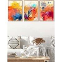 ARTZE Set of 3 Oak Framed Abstract Colourful Orange Pink Red Mixed Media Fractal Wall Art | Size: W53 cm x H73 cm x D20mm