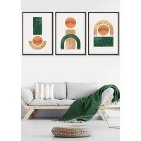 ARTZE Set of 3 Black Framed Mid Century Graphical Shapes in Green Yellow Orange Wall Art | Size: W33 cm x H45 cm x D20mm