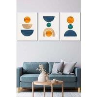 ARTZE Set of 3 White Framed Mid Century Graphical Shapes in Navy Blue Orange Wall Art | Size: W33 cm x H45 cm x D20mm
