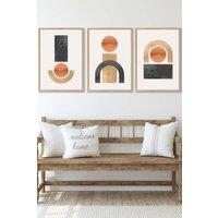 ARTZE Set of 3 Oak Framed Mid Century Graphical Shapes in Black & Yellow Wall Art | Size: W33 cm x H45 cm x D20mm